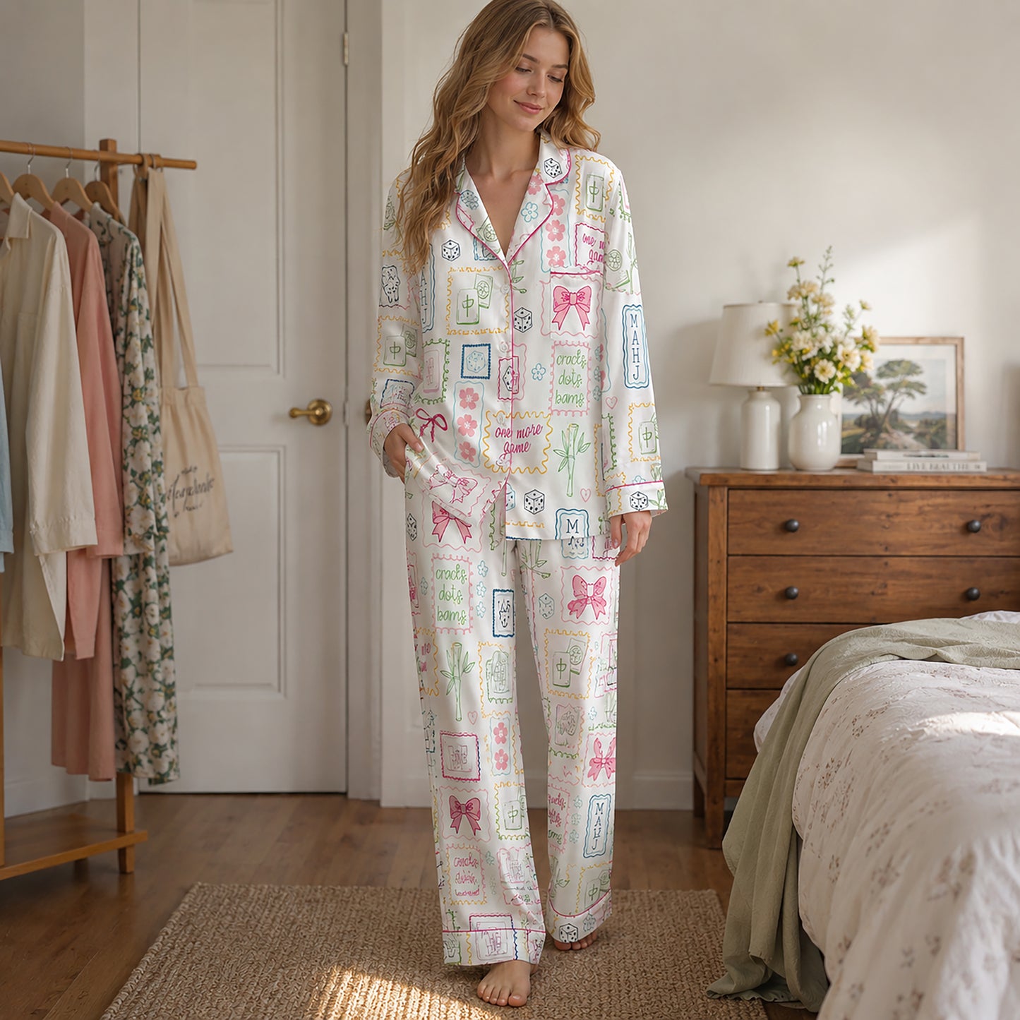 PJ-445-Vibrant Mahjong Tile And Ribbon Graphic White Satin Sleepwear Coquette Match Lounge Pajama Set