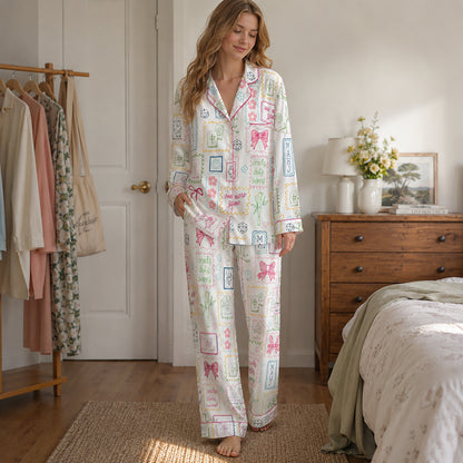 PJ-445-Vibrant Mahjong Tile And Ribbon Graphic White Satin Sleepwear Coquette Match Lounge Pajama Set