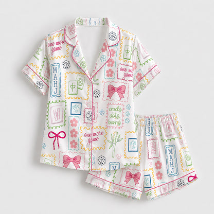 PJ-445-Vibrant Mahjong Tile And Ribbon Graphic White Satin Sleepwear Coquette Match Lounge Pajama Set