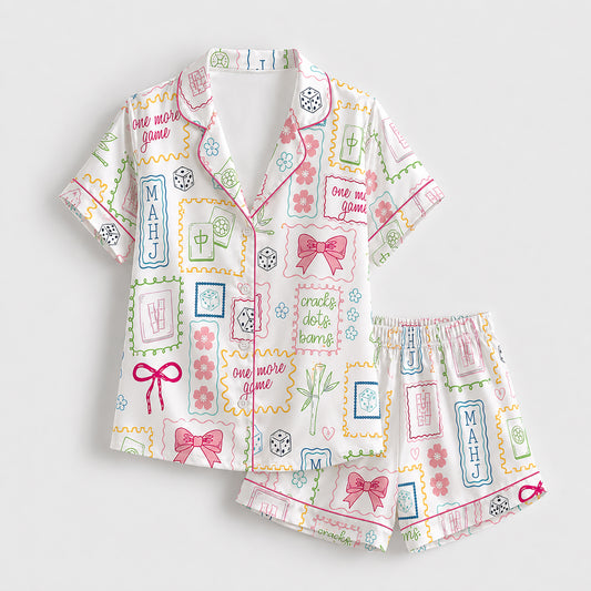 PJ-445-Vibrant Mahjong Tile And Ribbon Graphic White Satin Sleepwear Coquette Match Lounge Pajama Set
