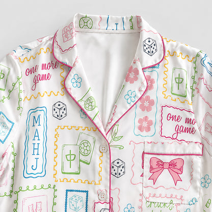PJ-445-Vibrant Mahjong Tile And Ribbon Graphic White Satin Sleepwear Coquette Match Lounge Pajama Set