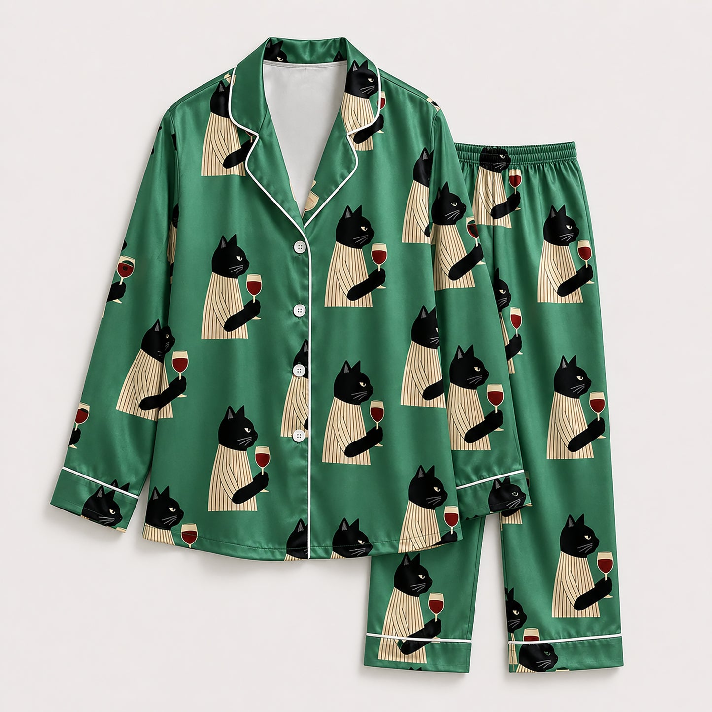 PJ-446-Funny Black Cat With Red Wine Glass Emerald Green Satin Button Front Pajama Set