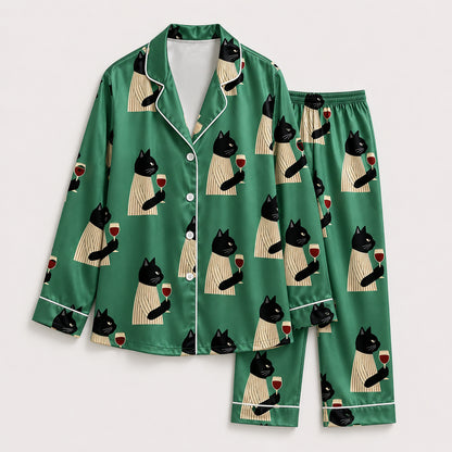 PJ-446-Funny Black Cat With Red Wine Glass Emerald Green Satin Button Front Pajama Set