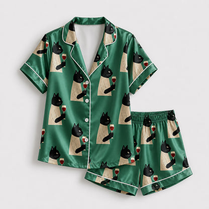 PJ-446-Funny Black Cat With Red Wine Glass Emerald Green Satin Button Front Pajama Set