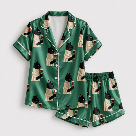 PJ-446-Funny Black Cat With Red Wine Glass Emerald Green Satin Button Front Pajama Set