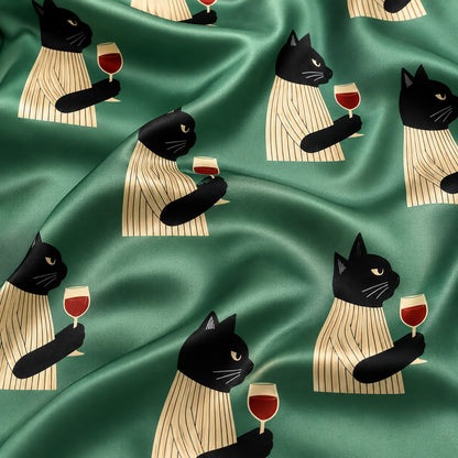 PJ-446-Funny Black Cat With Red Wine Glass Emerald Green Satin Button Front Pajama Set