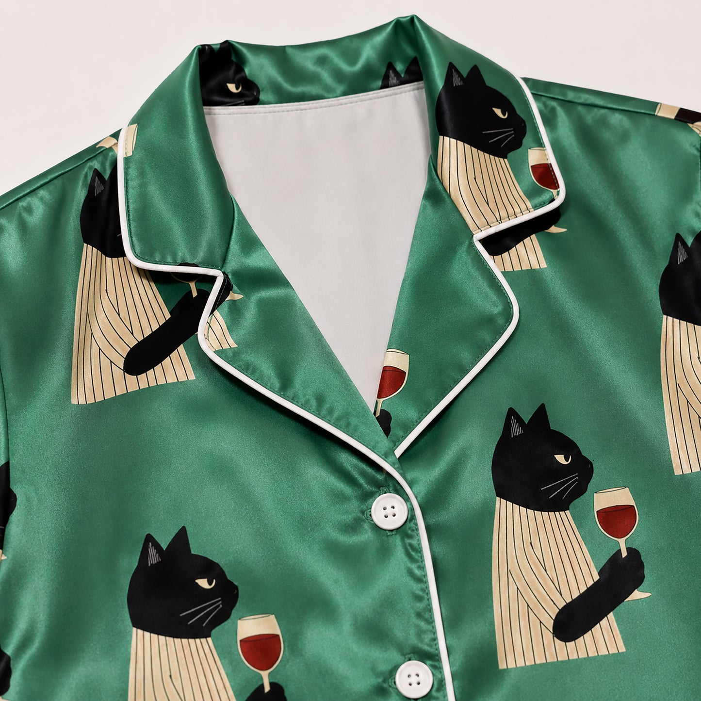 PJ-446-Funny Black Cat With Red Wine Glass Emerald Green Satin Button Front Pajama Set