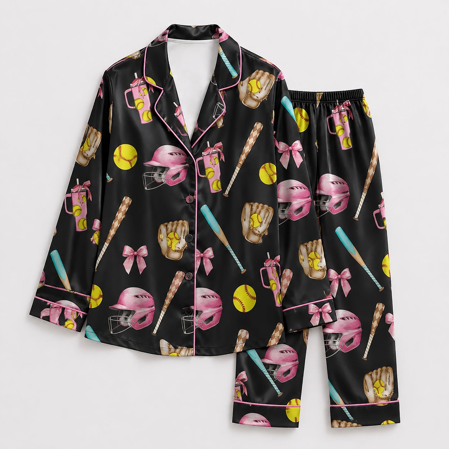PJ-447-Coquette Baseball Pink Bow Helmet And Yellow Ball Graphic Satin Match Team Pajama Set