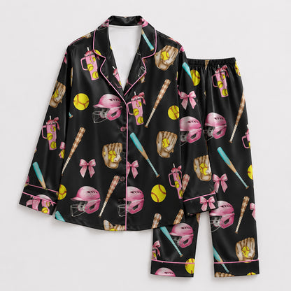PJ-447-Coquette Baseball Pink Bow Helmet And Yellow Ball Graphic Satin Match Team Pajama Set