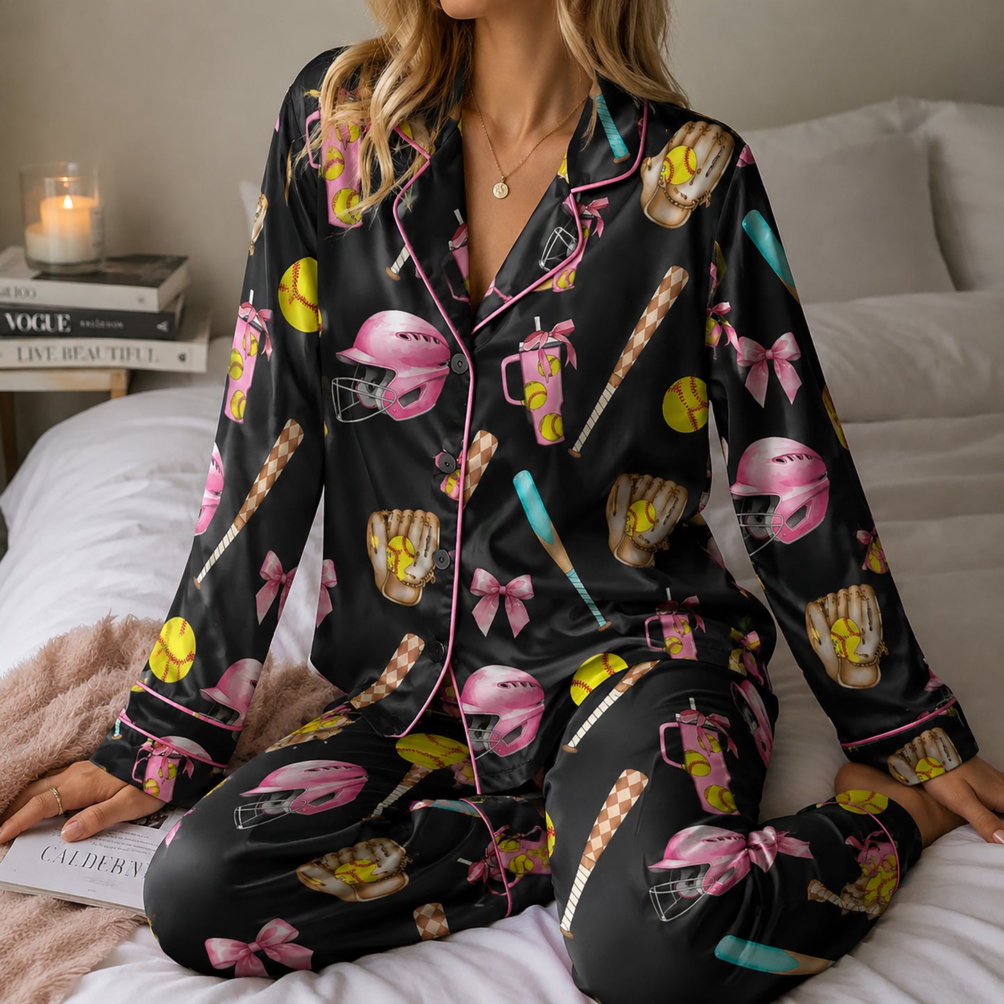 PJ-447-Coquette Baseball Pink Bow Helmet And Yellow Ball Graphic Satin Match Team Pajama Set