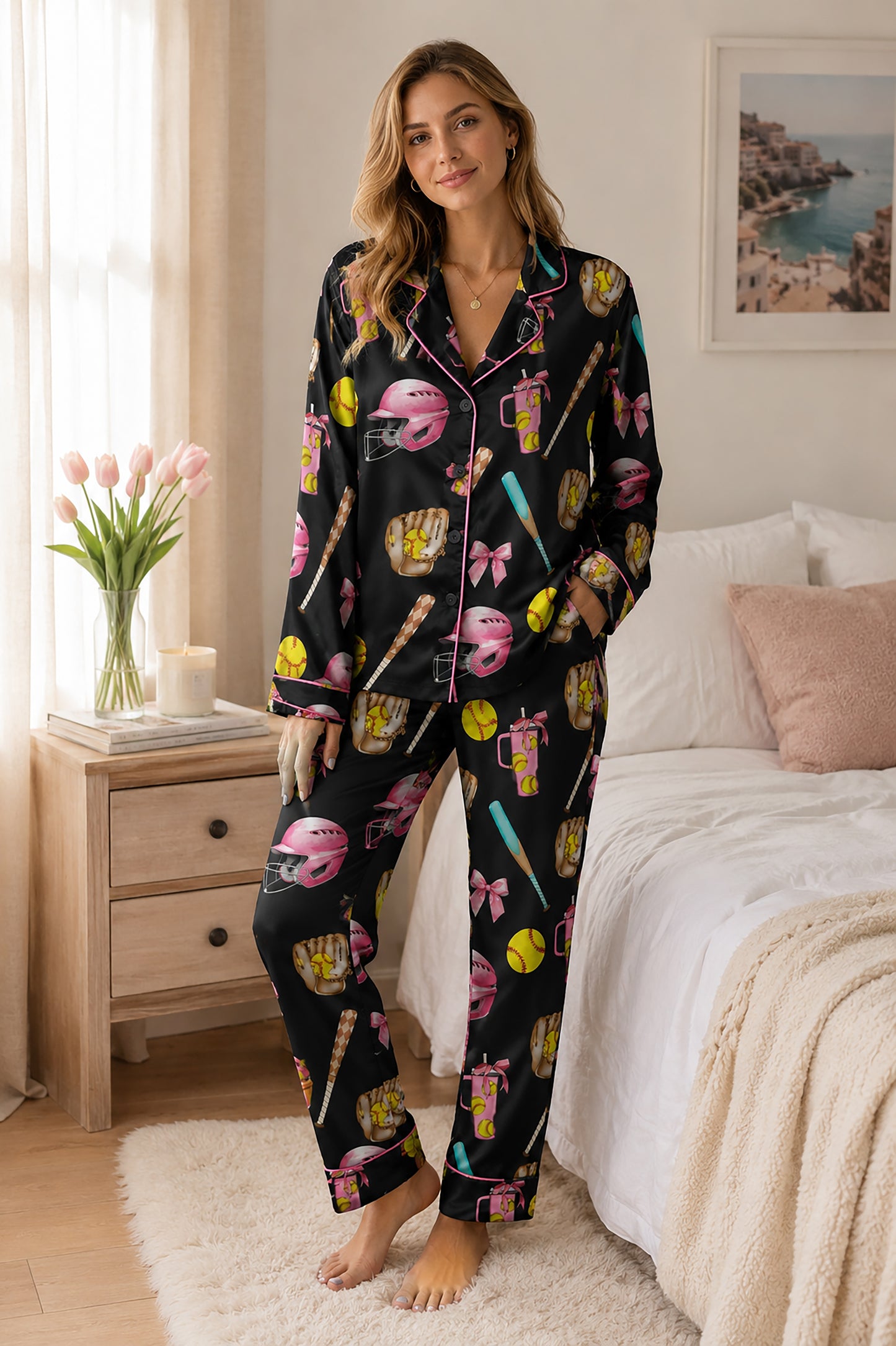 PJ-447-Coquette Baseball Pink Bow Helmet And Yellow Ball Graphic Satin Match Team Pajama Set