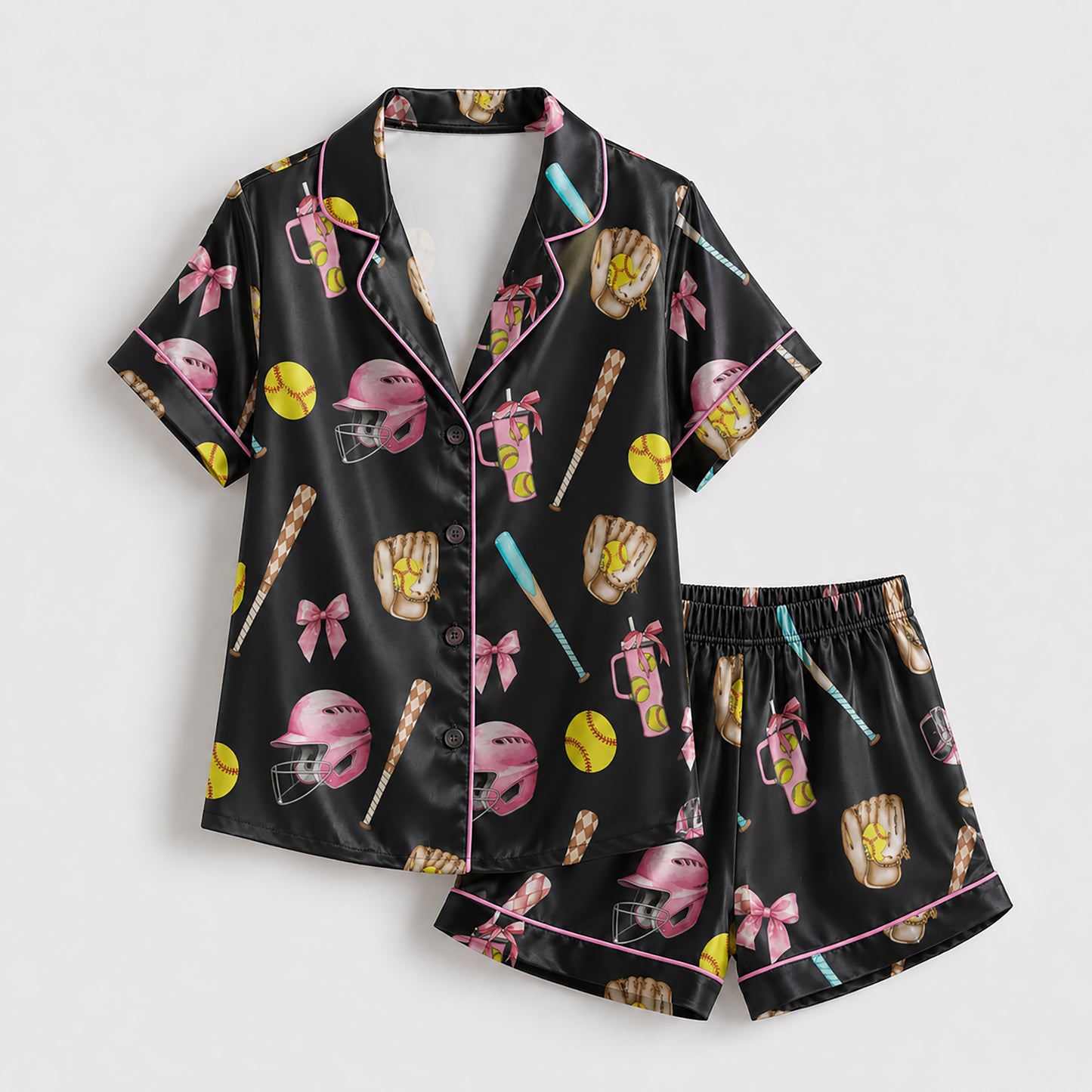 PJ-447-Coquette Baseball Pink Bow Helmet And Yellow Ball Graphic Satin Match Team Pajama Set