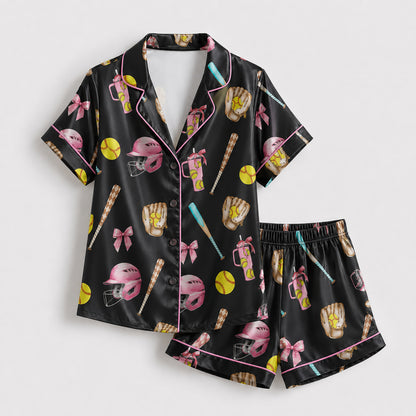 PJ-447-Coquette Baseball Pink Bow Helmet And Yellow Ball Graphic Satin Match Team Pajama Set