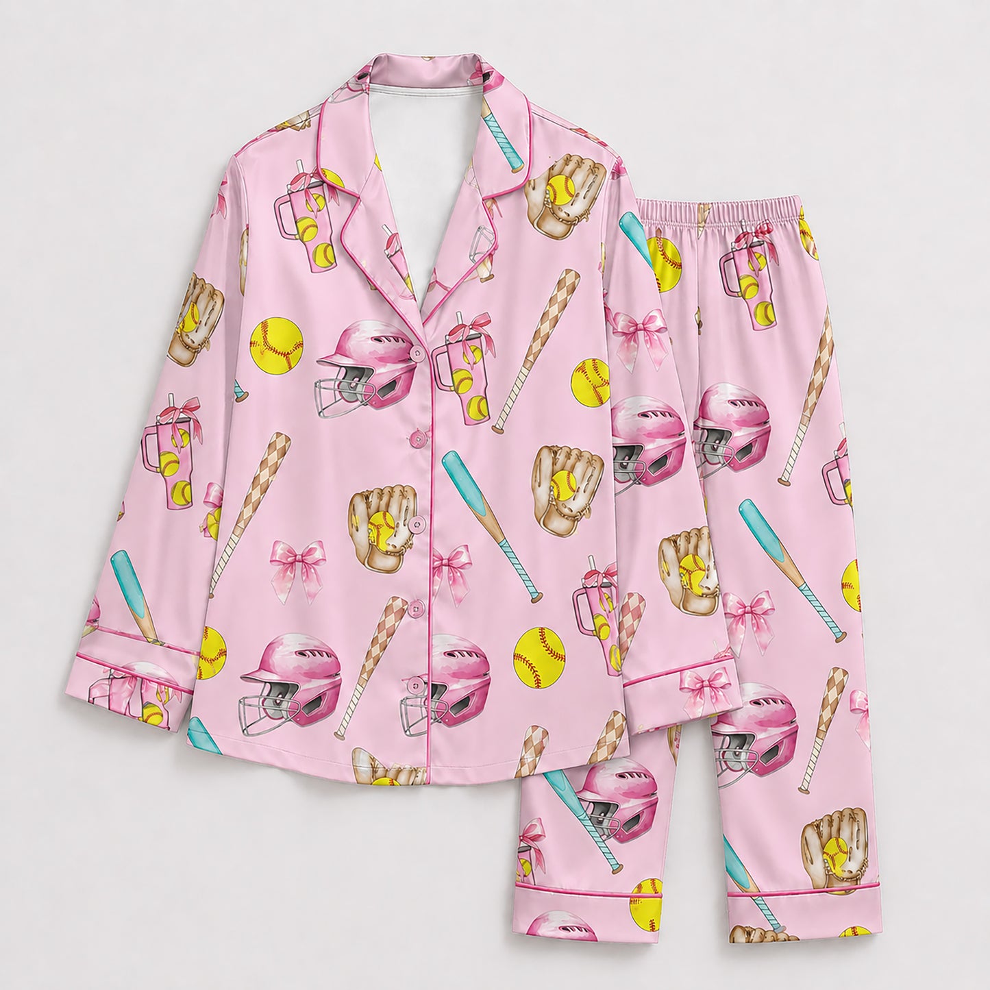 PJ-447-Coquette Baseball Pink Bow Helmet And Yellow Ball Graphic Satin Match Team Pajama Set