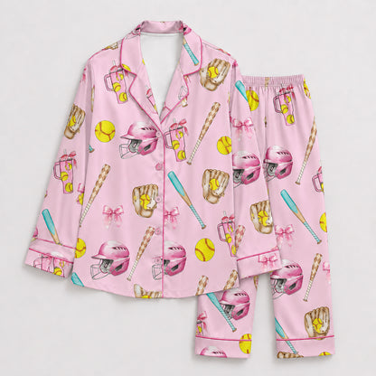 PJ-447-Coquette Baseball Pink Bow Helmet And Yellow Ball Graphic Satin Match Team Pajama Set