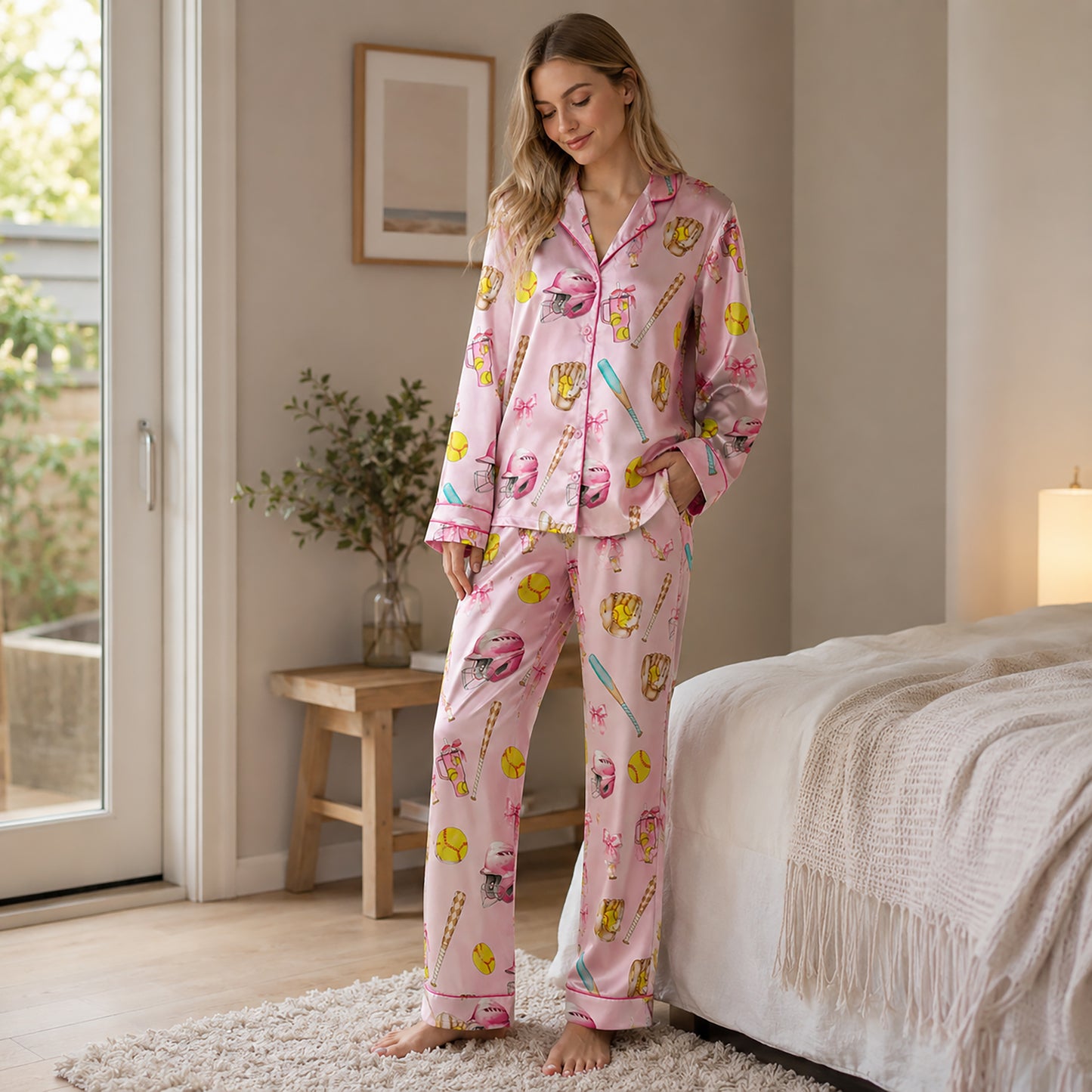 PJ-447-Coquette Baseball Pink Bow Helmet And Yellow Ball Graphic Satin Match Team Pajama Set