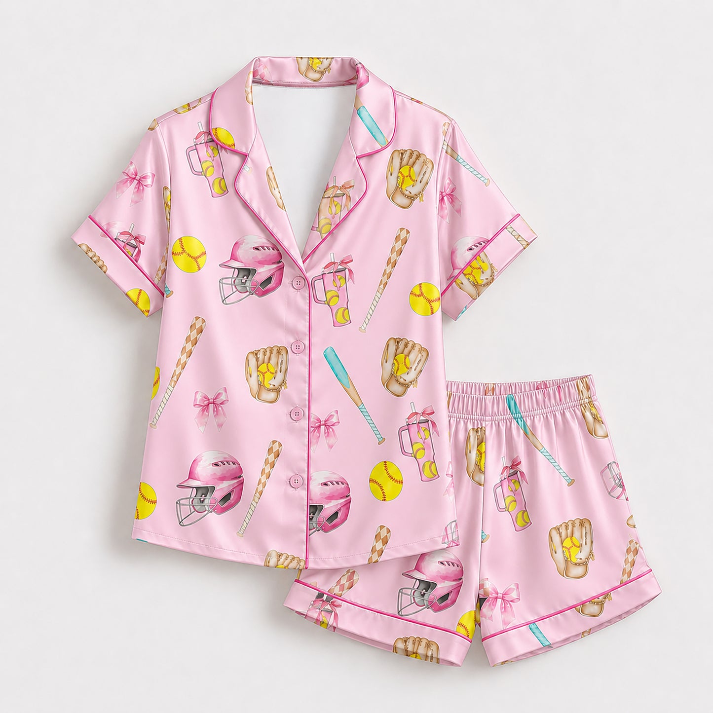 PJ-447-Coquette Baseball Pink Bow Helmet And Yellow Ball Graphic Satin Match Team Pajama Set