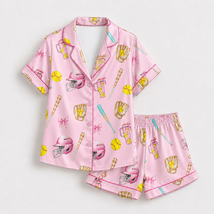 PJ-447-Coquette Baseball Pink Bow Helmet And Yellow Ball Graphic Satin Match Team Pajama Set