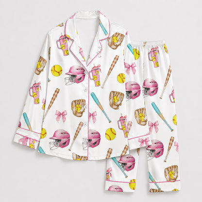 PJ-447-Coquette Baseball Pink Bow Helmet And Yellow Ball Graphic Satin Match Team Pajama Set