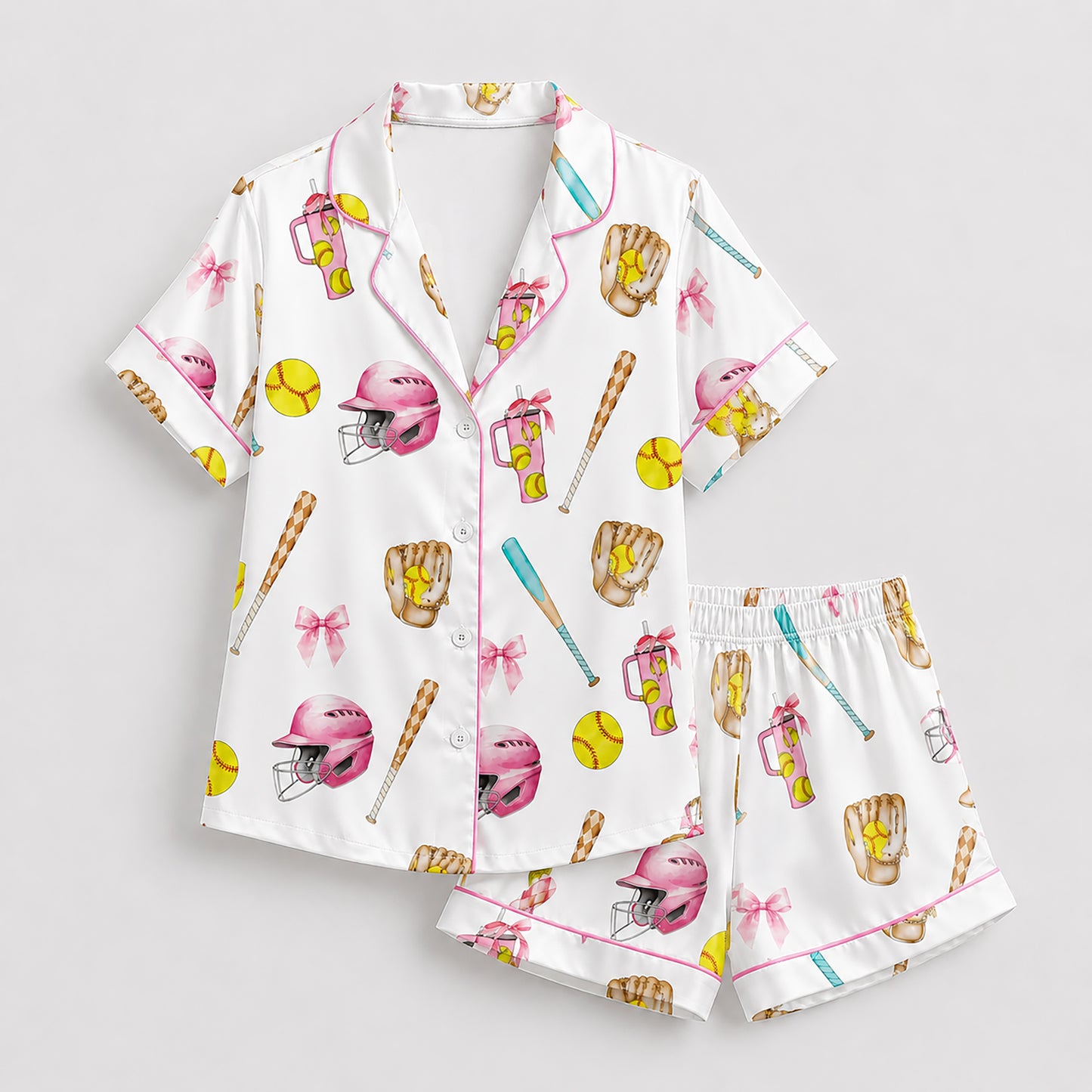 PJ-447-Coquette Baseball Pink Bow Helmet And Yellow Ball Graphic Satin Match Team Pajama Set