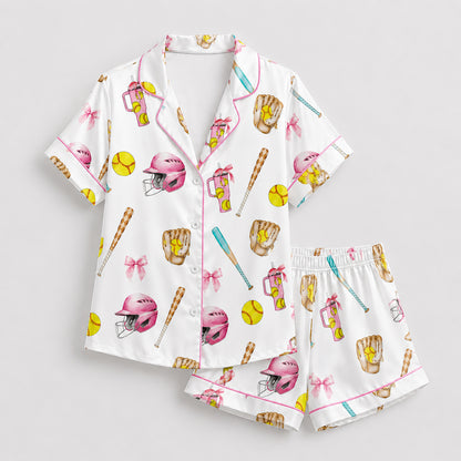 PJ-447-Coquette Baseball Pink Bow Helmet And Yellow Ball Graphic Satin Match Team Pajama Set