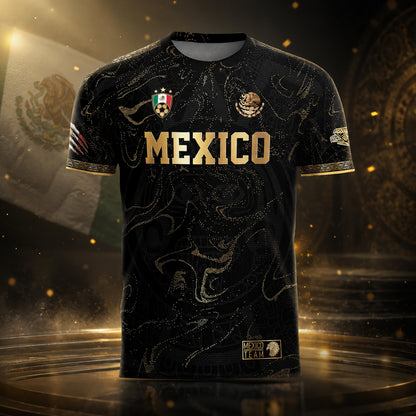 SJ-448-Exclusive Black And Gold Metallic Map Graphic Mexico National Football Team Soccer Jersey FREE SHIPPING