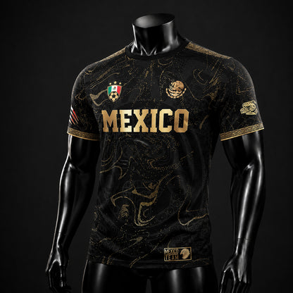 SJ-448-Exclusive Black And Gold Metallic Map Graphic Mexico National Football Team Soccer Jersey FREE SHIPPING