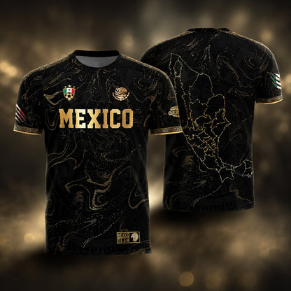 SJ-448-Exclusive Black And Gold Metallic Map Graphic Mexico National Football Team Soccer Jersey FREE SHIPPING