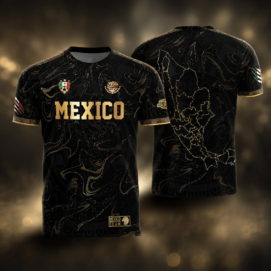 SJ-448-Exclusive Black And Gold Metallic Map Graphic Mexico National Football Team Soccer Jersey FREE SHIPPING
