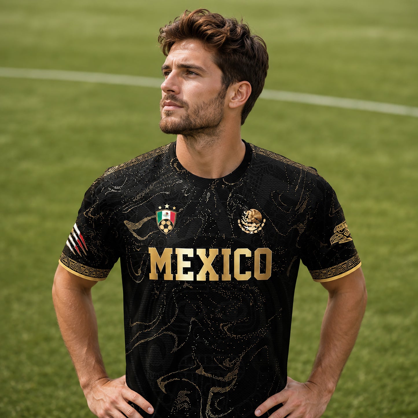 SJ-448-Exclusive Black And Gold Metallic Map Graphic Mexico National Football Team Soccer Jersey FREE SHIPPING