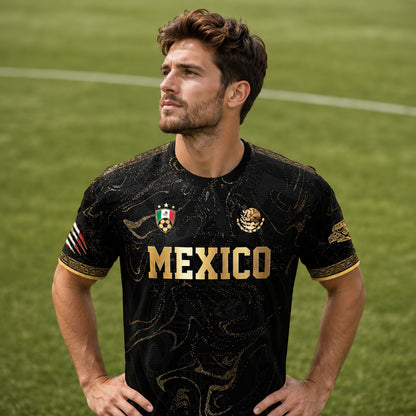SJ-448-Exclusive Black And Gold Metallic Map Graphic Mexico National Football Team Soccer Jersey FREE SHIPPING