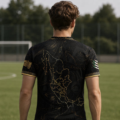SJ-448-Exclusive Black And Gold Metallic Map Graphic Mexico National Football Team Soccer Jersey FREE SHIPPING
