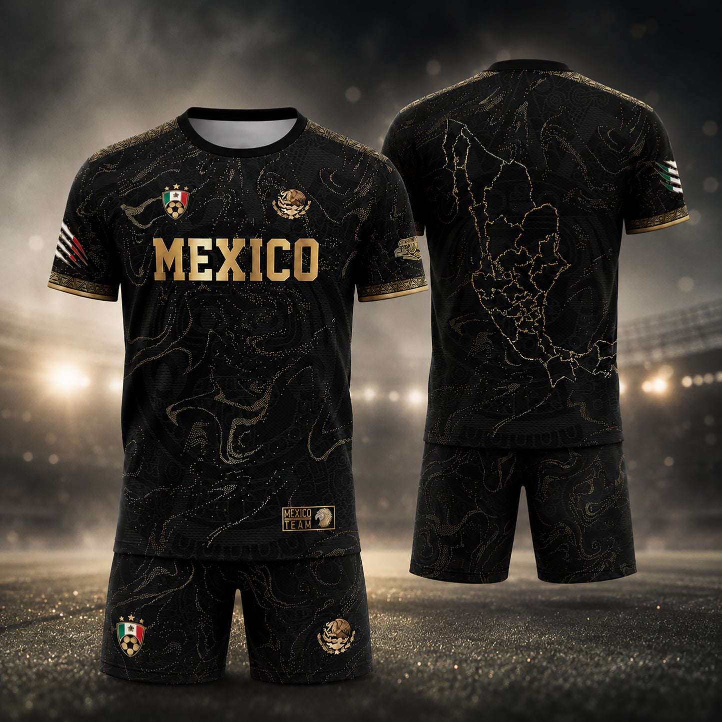 SJ-448-Exclusive Black And Gold Metallic Map Graphic Mexico National Football Team Soccer Jersey FREE SHIPPING