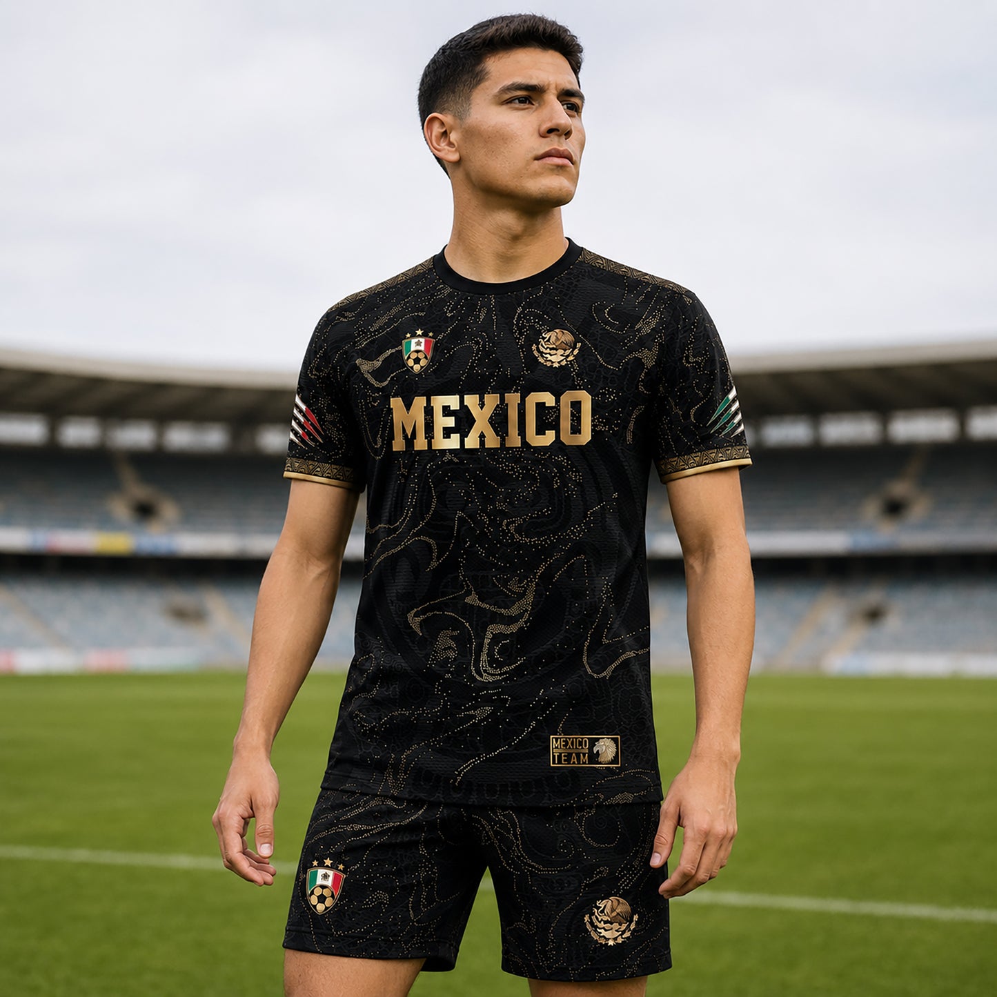 SJ-448-Exclusive Black And Gold Metallic Map Graphic Mexico National Football Team Soccer Jersey FREE SHIPPING