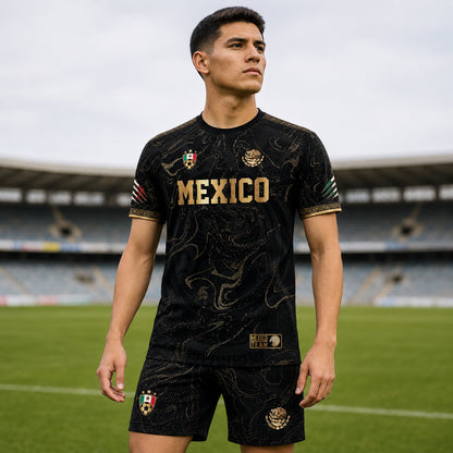 SJ-448-Exclusive Black And Gold Metallic Map Graphic Mexico National Football Team Soccer Jersey FREE SHIPPING