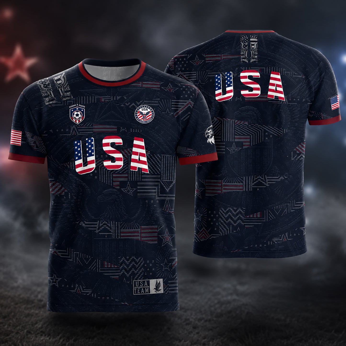 SJ-449-USA National Team Patriotic Flag Graphic Dark Navy Blue Football Soccer Jersey Uniform Set FREE SHIPPING