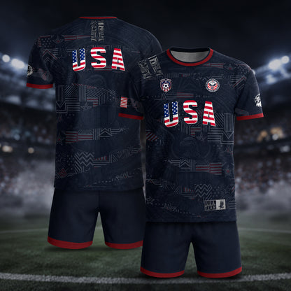 SJ-449-USA National Team Patriotic Flag Graphic Dark Navy Blue Football Soccer Jersey Uniform Set FREE SHIPPING