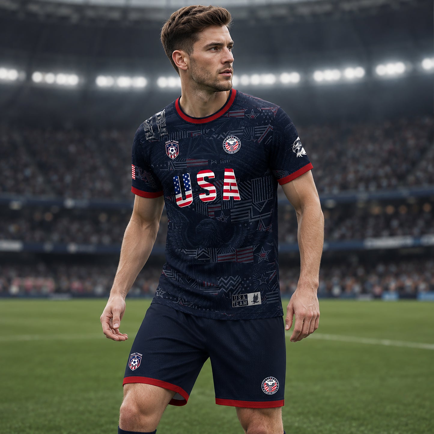 SJ-449-USA National Team Patriotic Flag Graphic Dark Navy Blue Football Soccer Jersey Uniform Set FREE SHIPPING