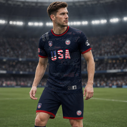 SJ-449-USA National Team Patriotic Flag Graphic Dark Navy Blue Football Soccer Jersey Uniform Set FREE SHIPPING