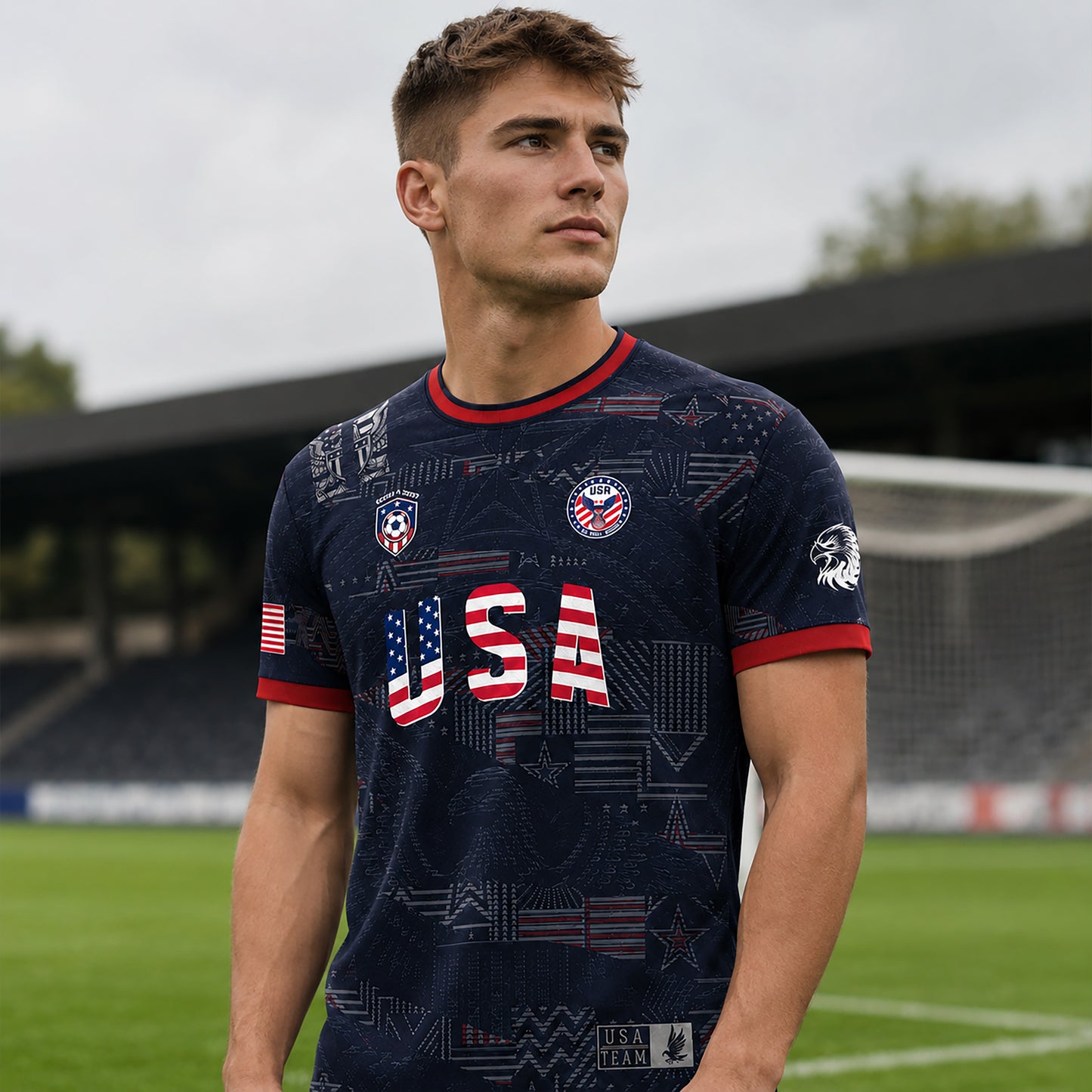 SJ-449-USA National Team Patriotic Flag Graphic Dark Navy Blue Football Soccer Jersey Uniform Set FREE SHIPPING