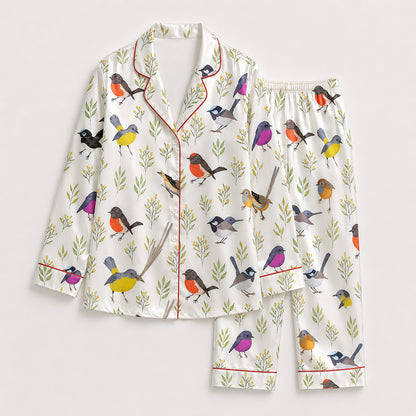 PJ-452-White Satin Bird Pajama Apparel, Colorful Robin Pattern Sleeve Loungewear Sleepwear Collection Clothing