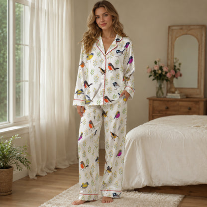 PJ-452-White Satin Bird Pajama Apparel, Colorful Robin Pattern Sleeve Loungewear Sleepwear Collection Clothing