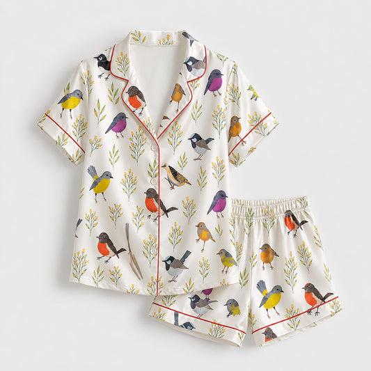 PJ-452-White Satin Bird Pajama Apparel, Colorful Robin Pattern Sleeve Loungewear Sleepwear Collection Clothing