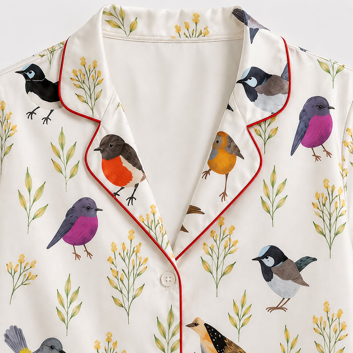 PJ-452-White Satin Bird Pajama Apparel, Colorful Robin Pattern Sleeve Loungewear Sleepwear Collection Clothing