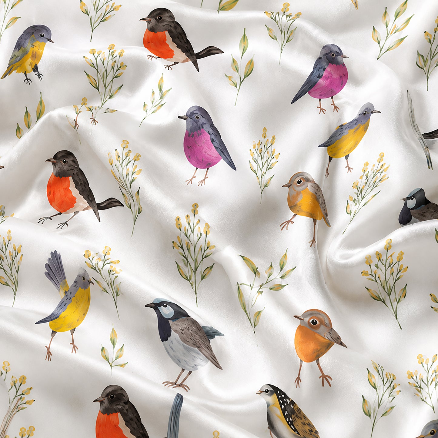 PJ-452-White Satin Bird Pajama Apparel, Colorful Robin Pattern Sleeve Loungewear Sleepwear Collection Clothing