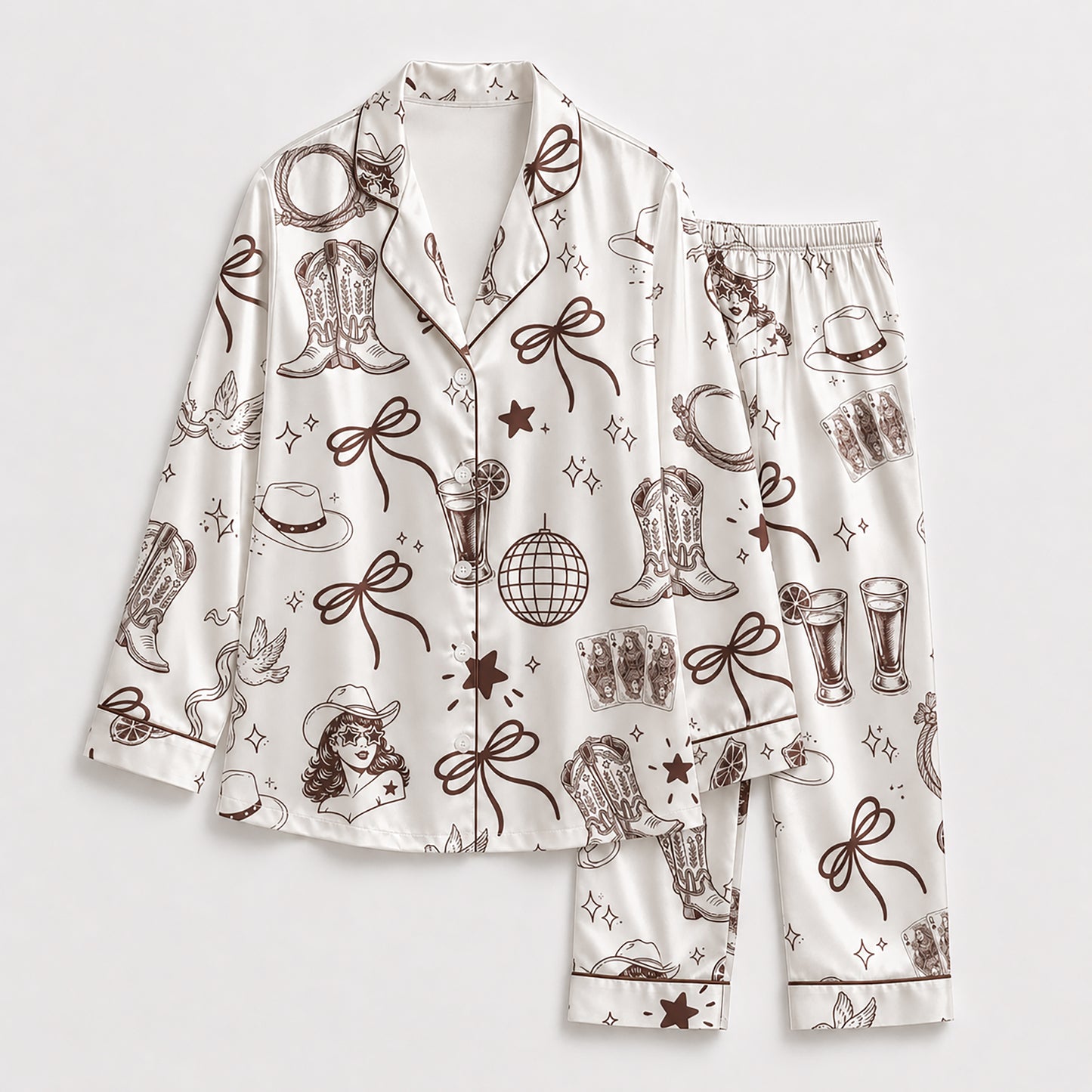 PJ-453-White Satin Cowgirl Pajama Apparel, Brown Boot Pattern Sleeve Loungewear Sleepwear Collection Clothing