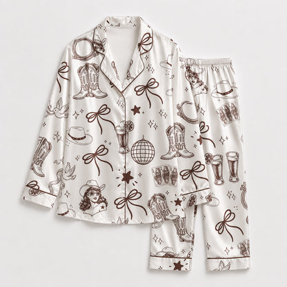 PJ-453-White Satin Cowgirl Pajama Apparel, Brown Boot Pattern Sleeve Loungewear Sleepwear Collection Clothing