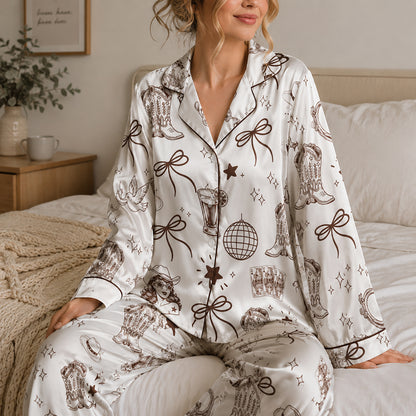 PJ-453-White Satin Cowgirl Pajama Apparel, Brown Boot Pattern Sleeve Loungewear Sleepwear Collection Clothing