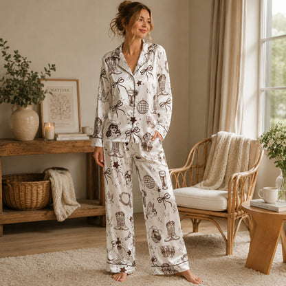 PJ-453-White Satin Cowgirl Pajama Apparel, Brown Boot Pattern Sleeve Loungewear Sleepwear Collection Clothing