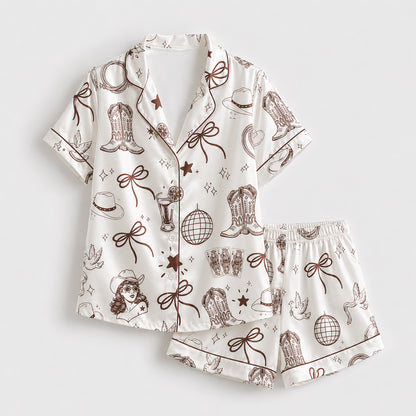 PJ-453-White Satin Cowgirl Pajama Apparel, Brown Boot Pattern Sleeve Loungewear Sleepwear Collection Clothing